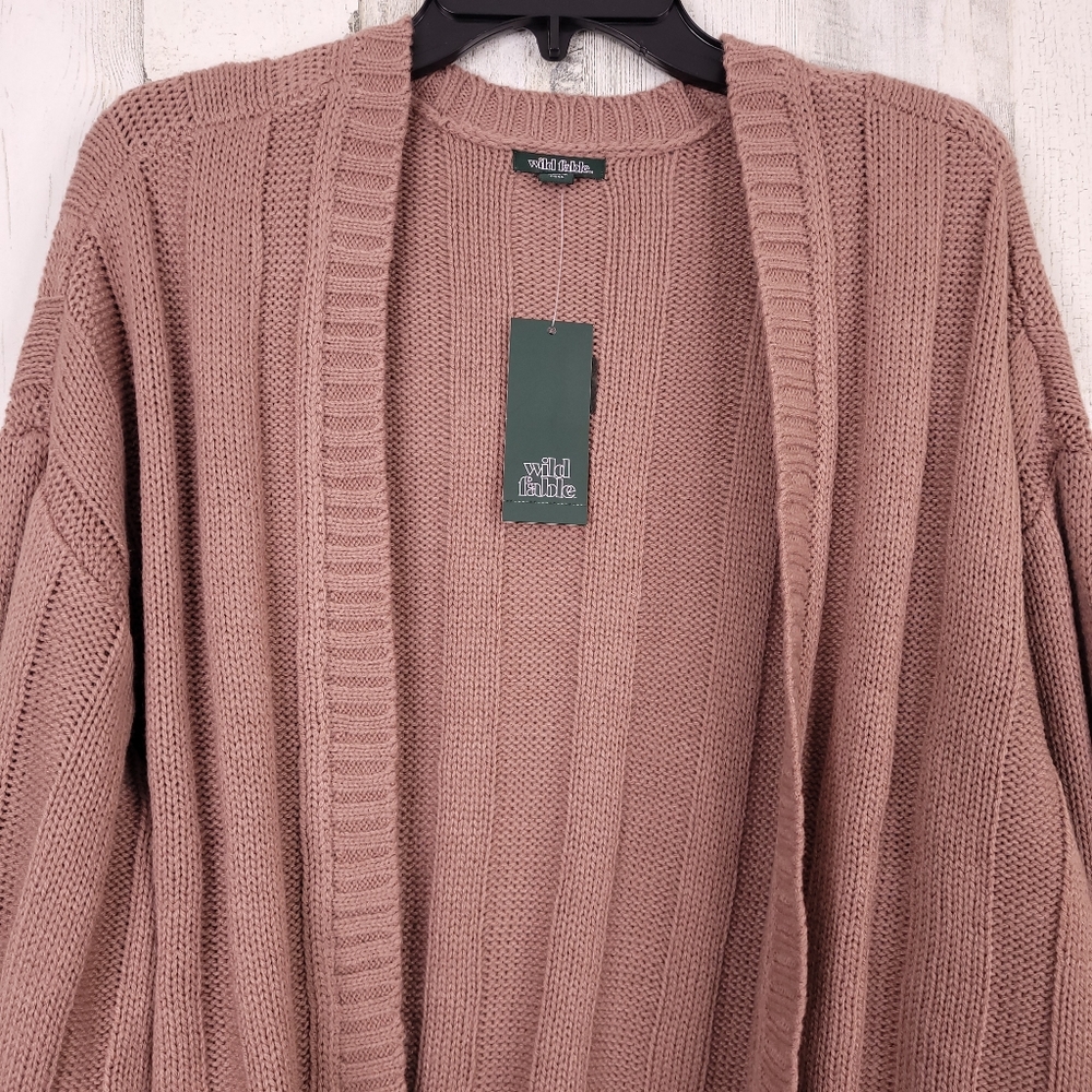 Wild Fable Open Front Cable Knit Mauve LS Cardigan - Picture 3 of 7